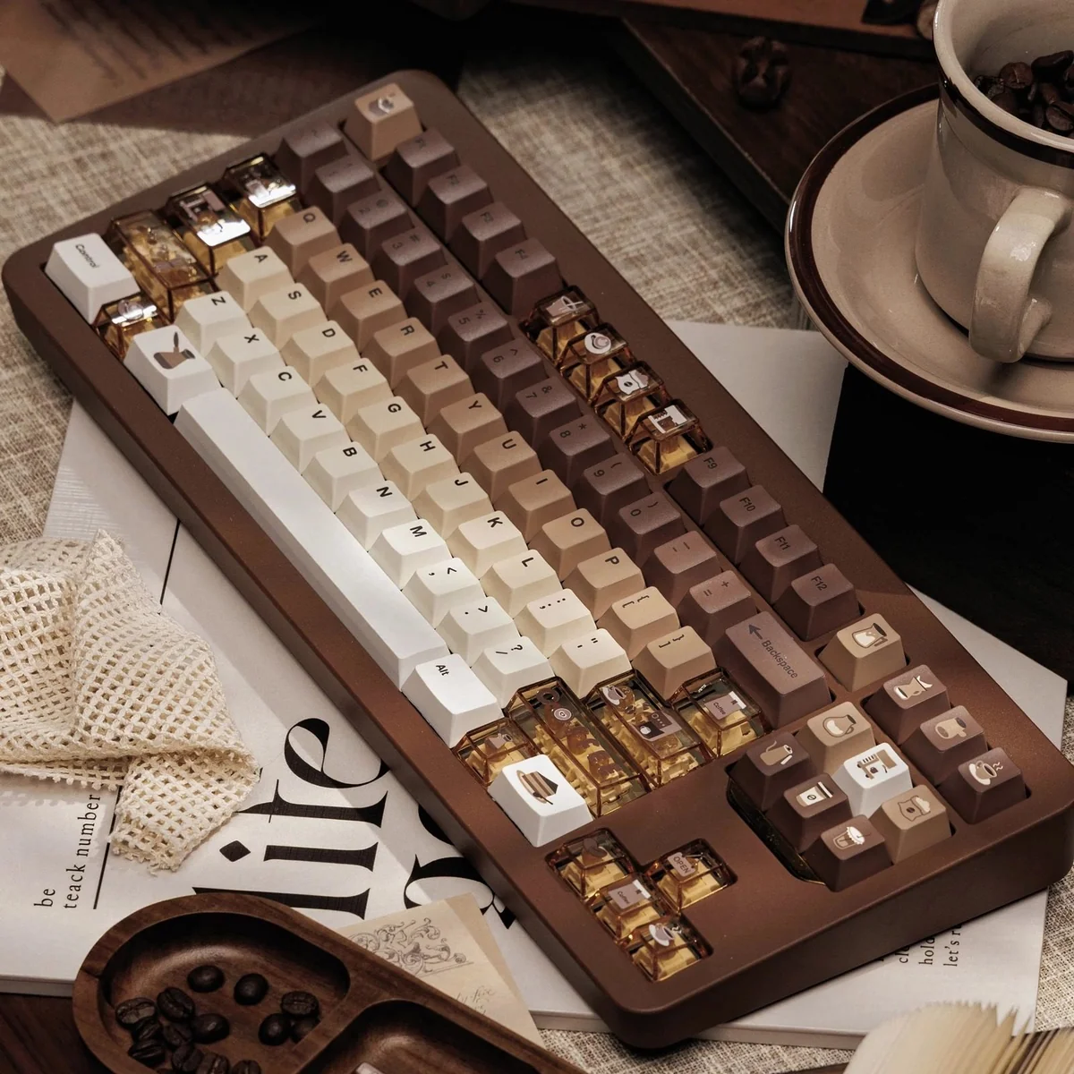 Detailed view of charming cat-themed keycaps from the Coffee Cat set