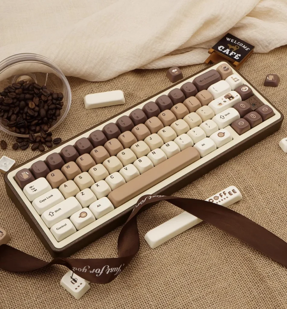 Close-up of coffee-themed keycaps, including mugs and beans, from the Coffee Cat set