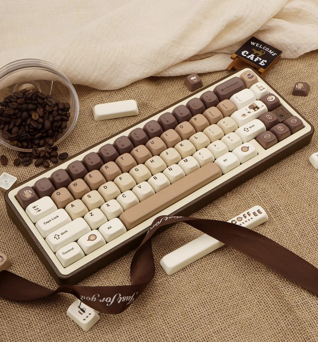 Close-up of coffee-themed keycaps, including mugs and beans, from the Coffee Cat set