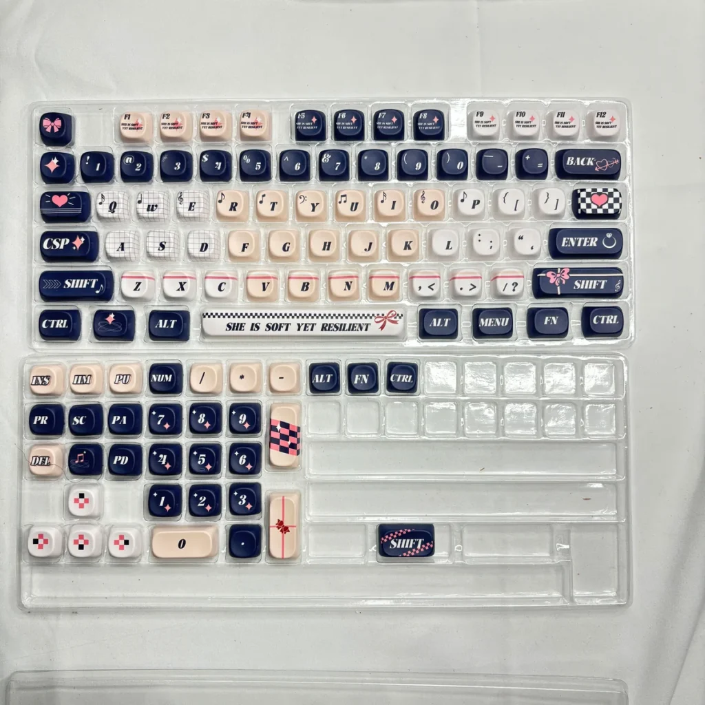 Typing hands interacting with the Blues Pink Voice MOA Keycap Set, emphasizing comfort.