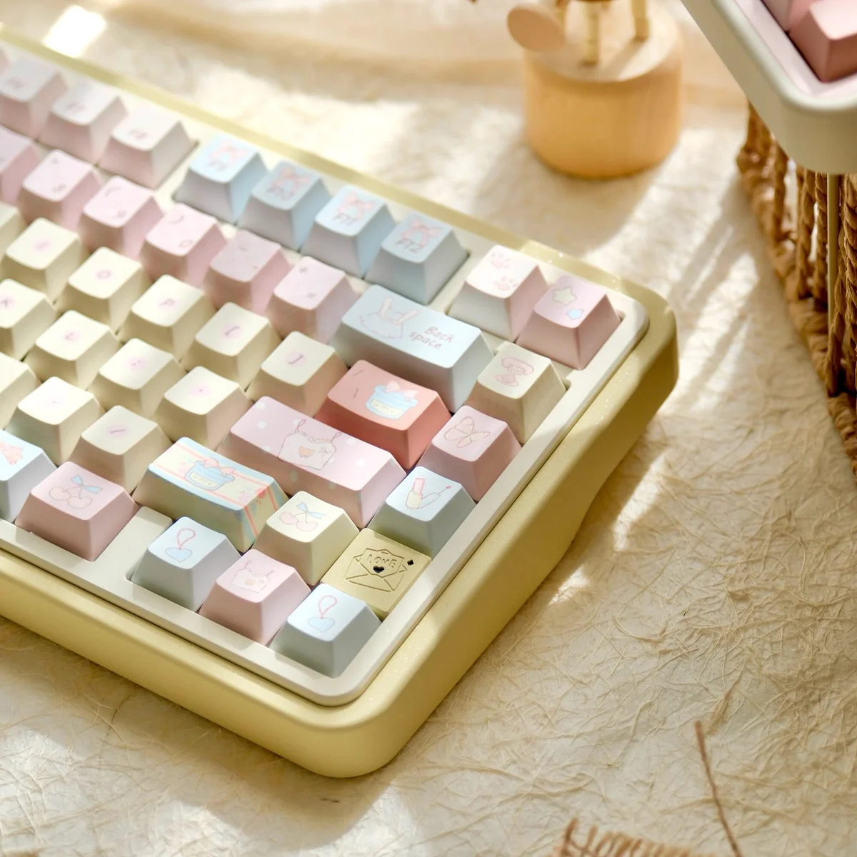Full 145-key layout of Romance Until Death keycap set, arranged.
