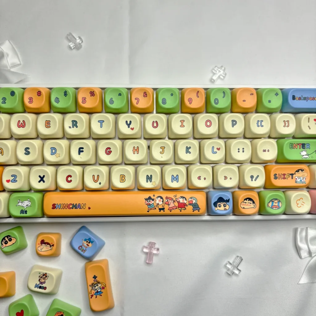 Overhead view of the full 108-key Crayon Shin-chan set, organized for layout compatibility.