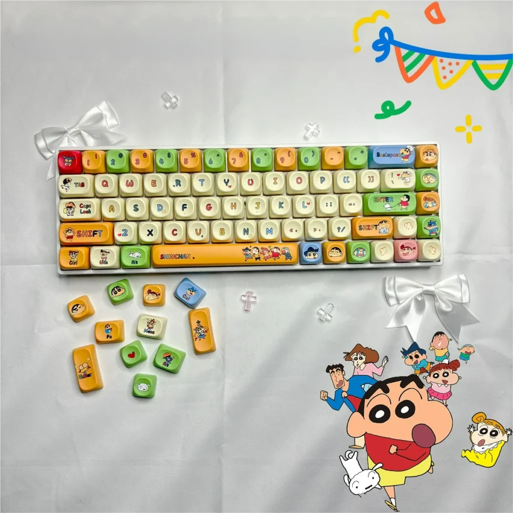 Crayon Shin-chan & Friends MOA Keycap Set on a mechanical keyboard, showcasing vibrant characters.