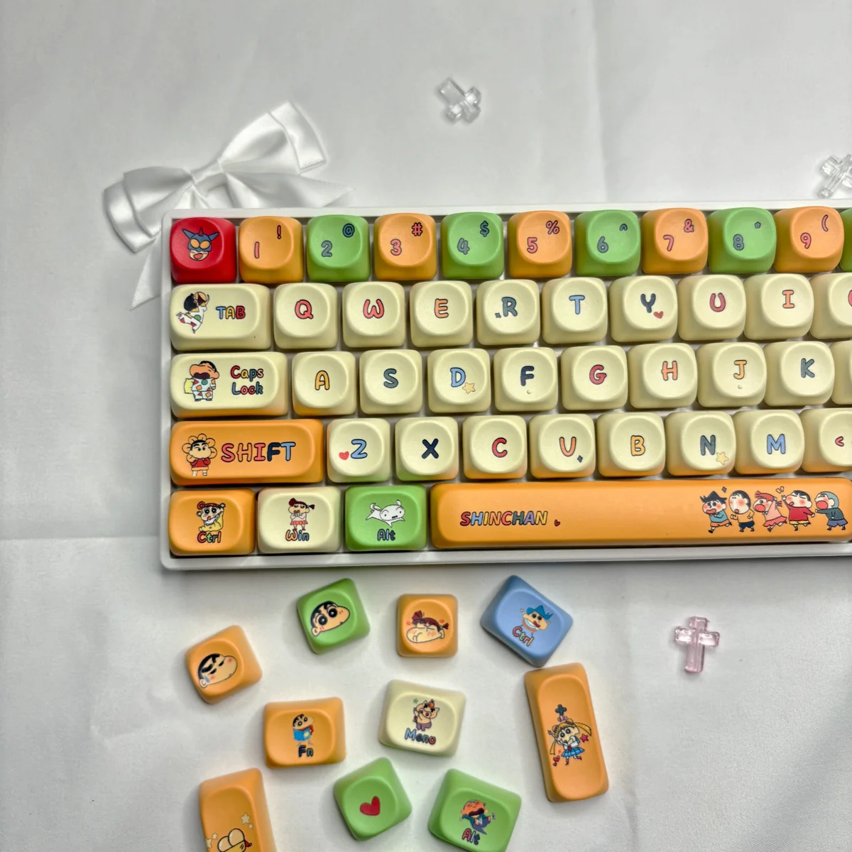 Close-up of Crayon Shin-chan keycaps, highlighting dye-sub PBT quality and MOA profile.