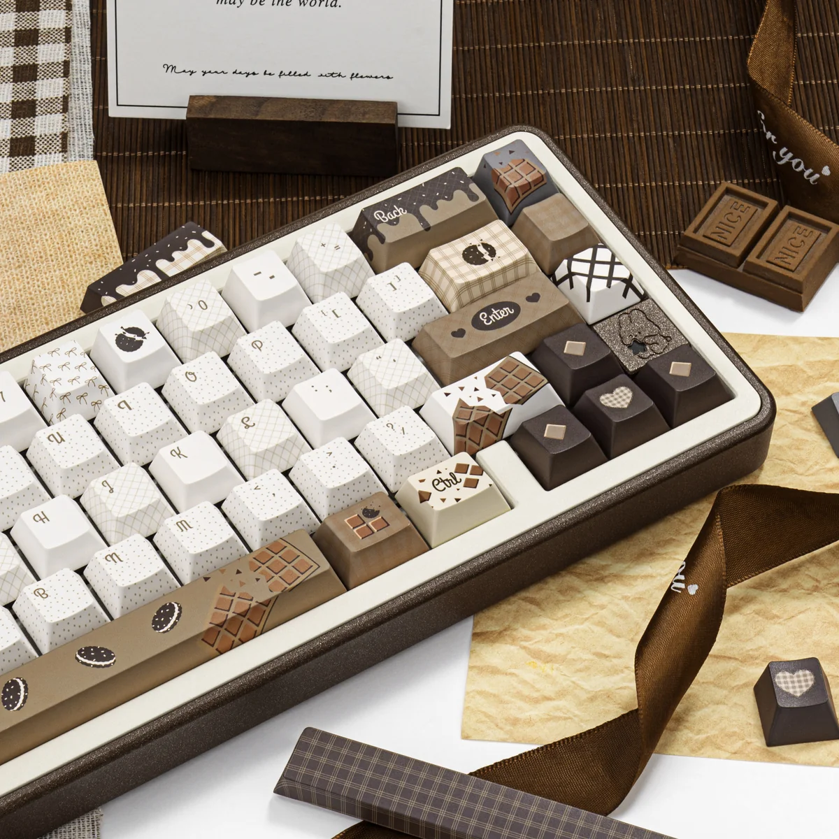 Crispy Dark Chocolate Keycap Set with various modifier keys