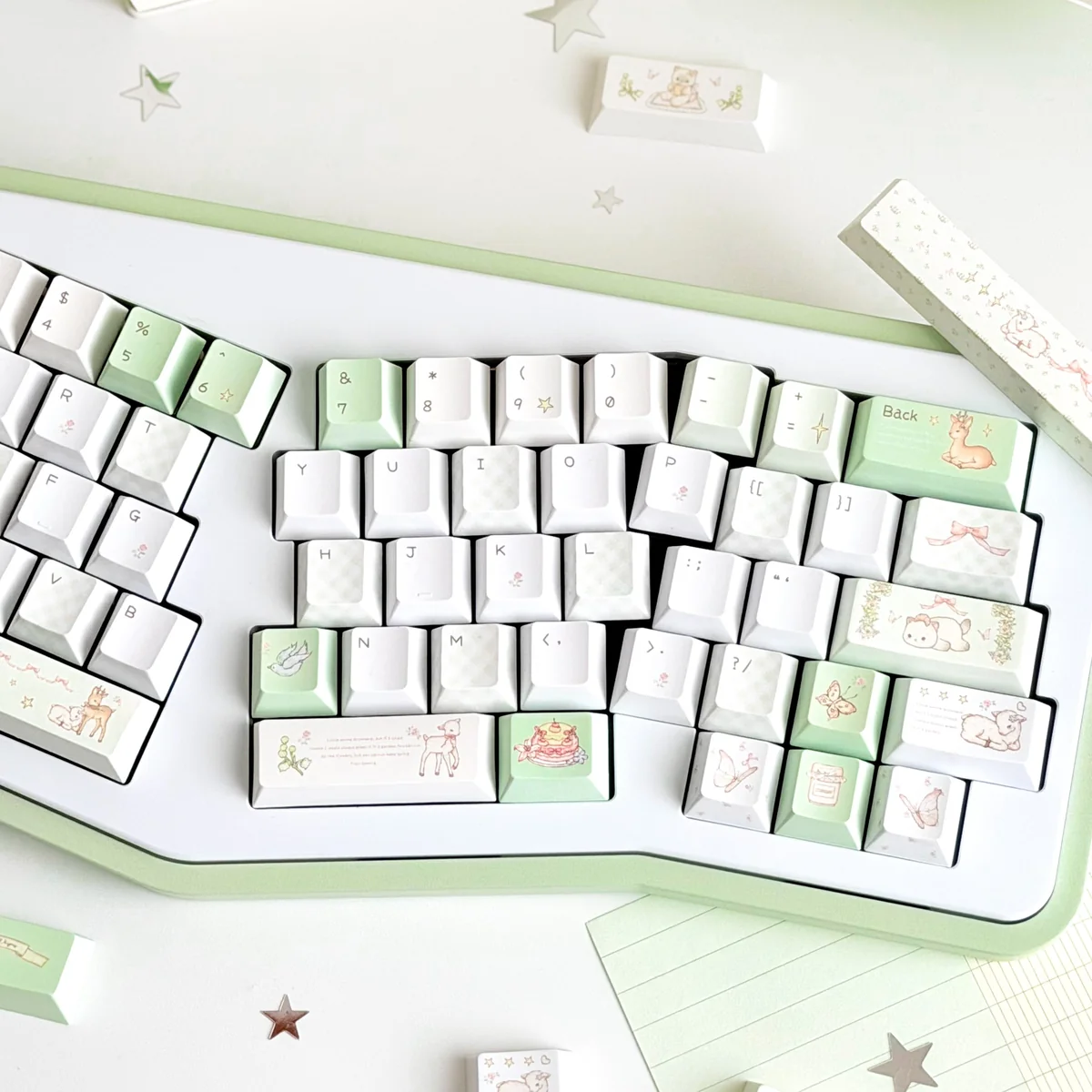 Cherry profile PBT keycaps from the Deep Forest Deer set arranged on a wooden desk