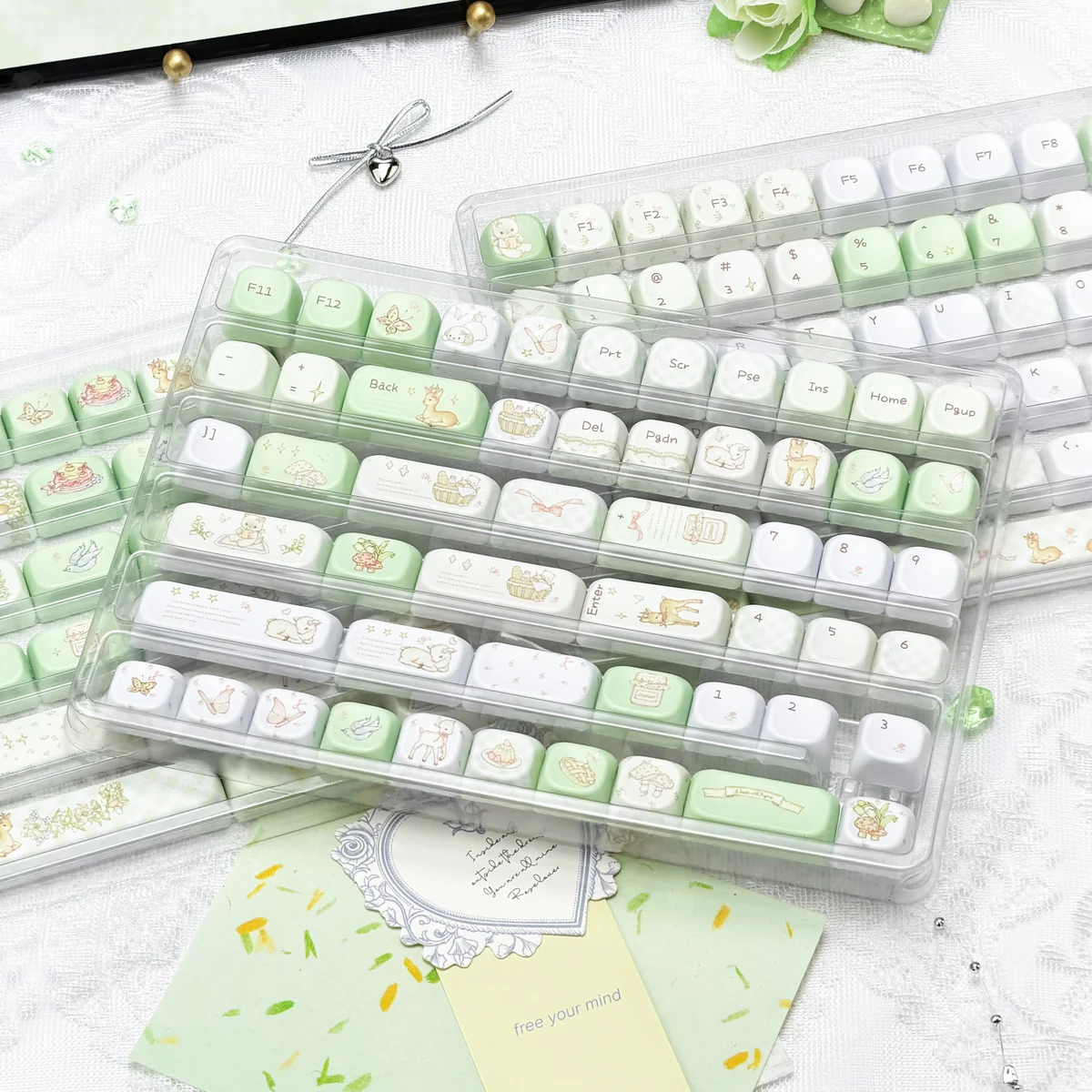 Spacebar and modifier keys with misty forest landscape art from the Deep Forest Deer Keycap Set