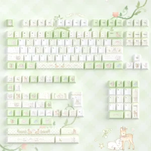 Deep Forest Deer Keycap Set mounted on a 75% keyboard under warm desk lighting