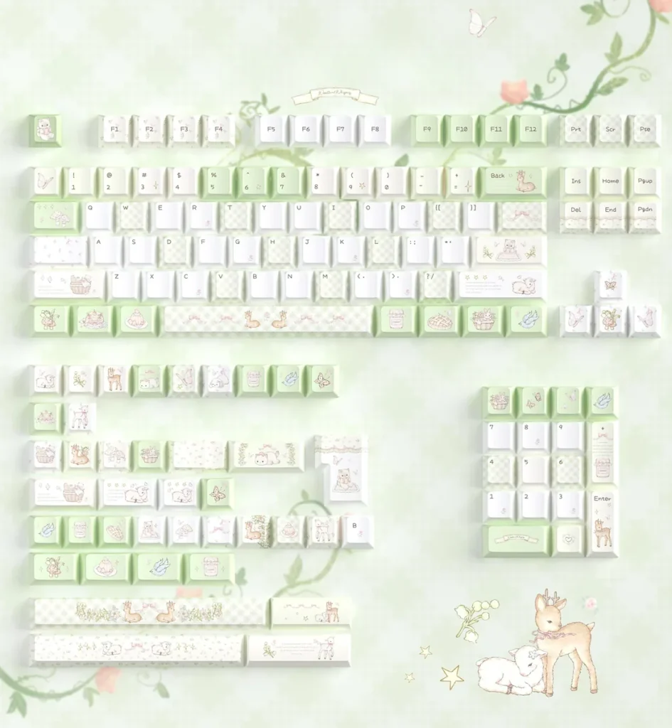 Deep Forest Deer Keycap Set mounted on a 75% keyboard under warm desk lighting