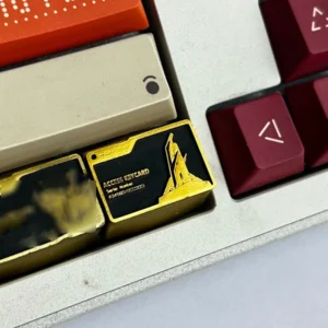 Delta Force artisan keycap integrated into a gaming keyboard setup, dark aesthetic.