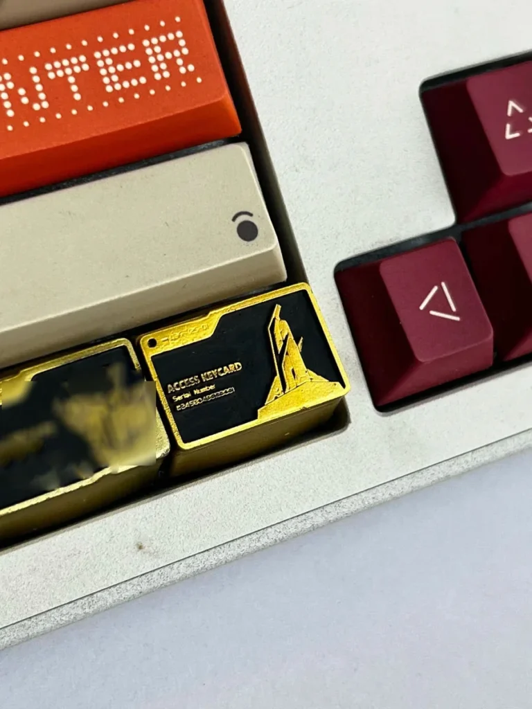 Delta Force artisan keycap integrated into a gaming keyboard setup, dark aesthetic.