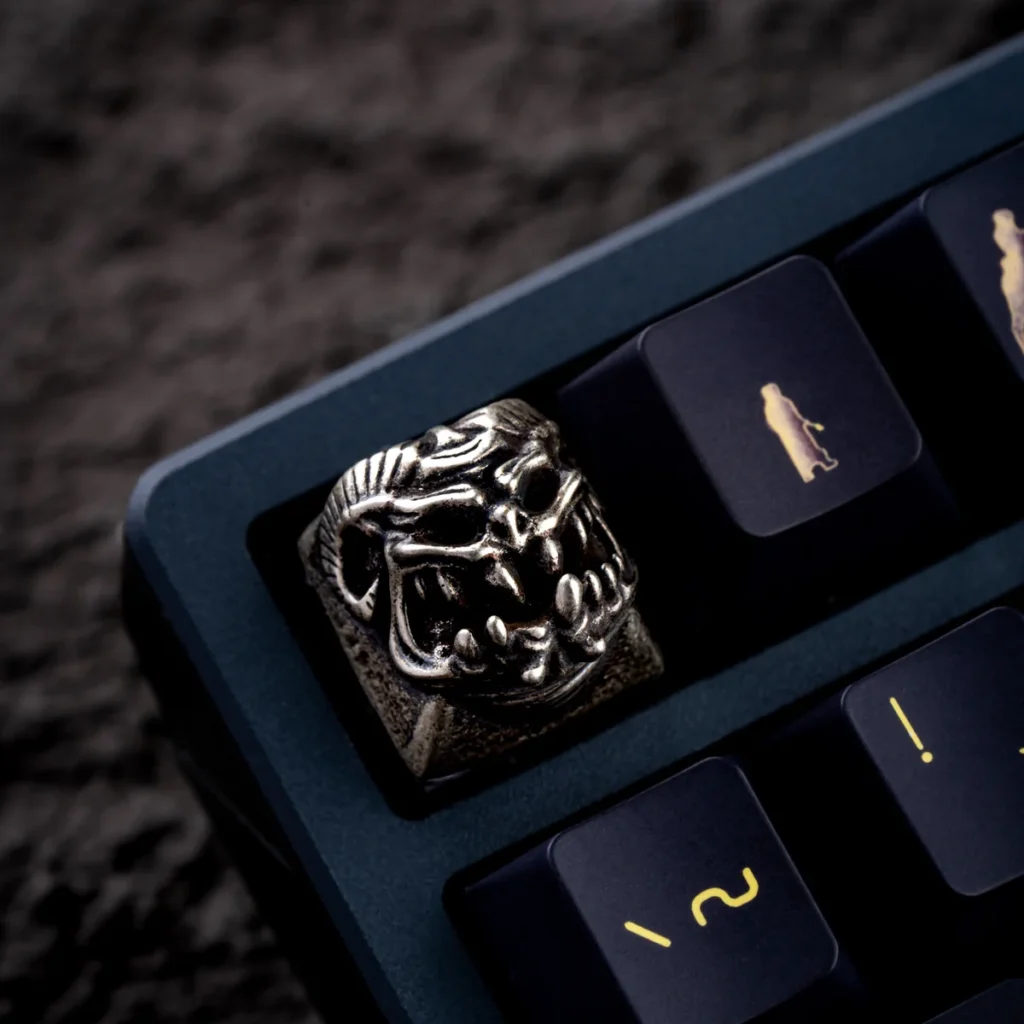 Copper Demon Handcrafted Keycap from an angled view, highlighting texture