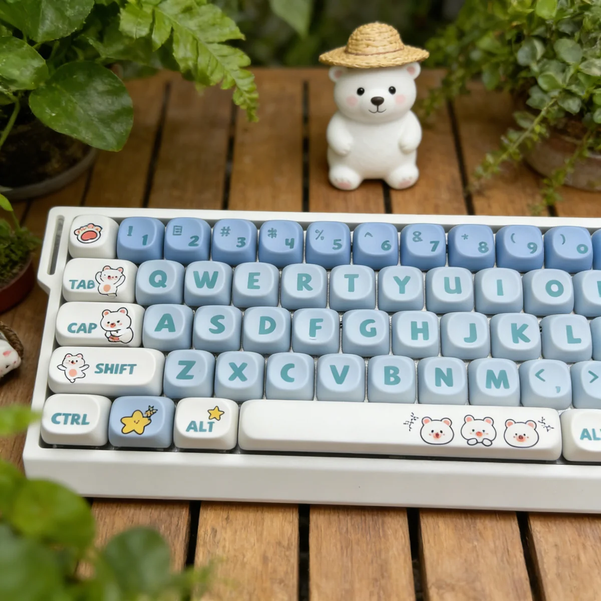 Close-up of Little White Bear dye-sublimated PBT keycaps