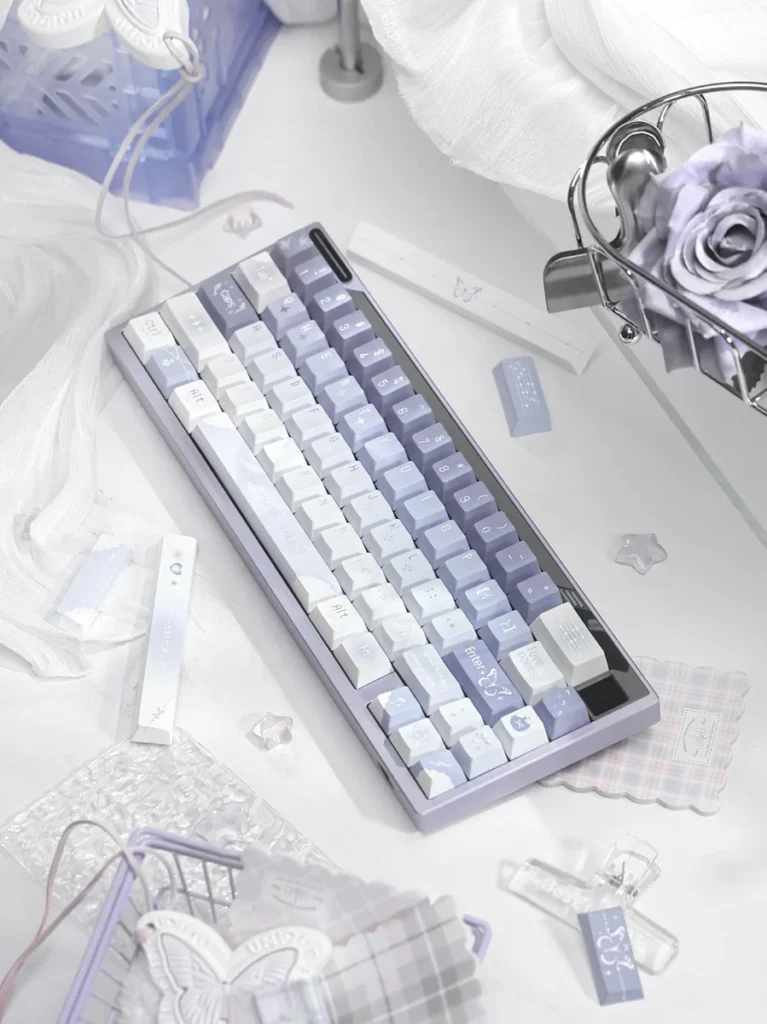 Keyboard featuring Ethereal Butterfly keycaps, paired with a matching aesthetic setup