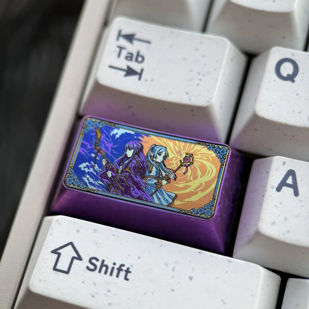 Close-up detail of the Frieren character artisan keycap, showcasing intricate laser etching