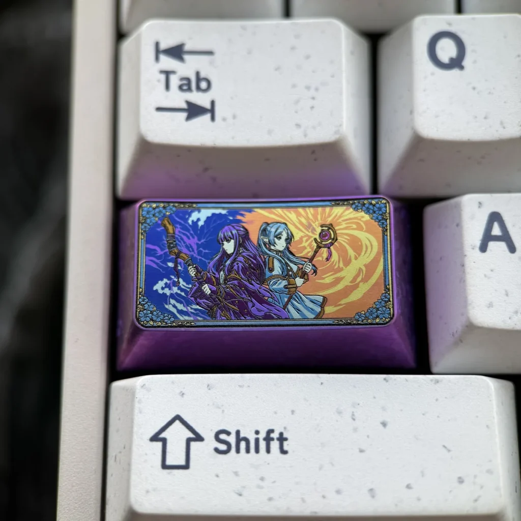 Frieren & Fern Titanium Keycap installed on a mechanical keyboard with anime aesthetic