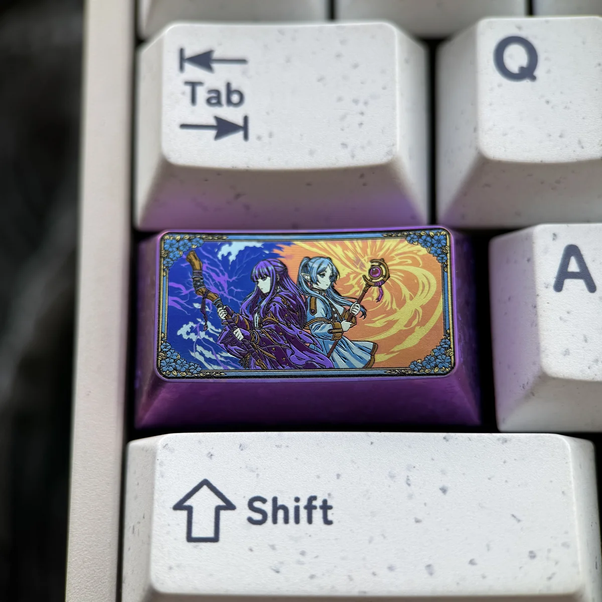 Frieren & Fern Titanium Keycap installed on a mechanical keyboard with anime aesthetic