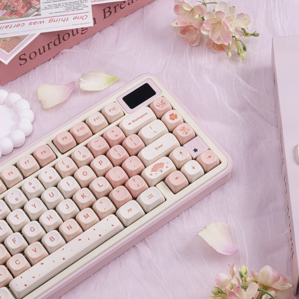 Full layout view of the 129-key Cherry Blossom set, demonstrating layout compatibility and uniform MOA height.