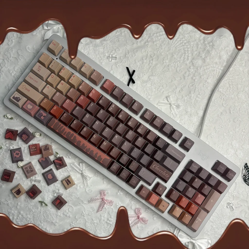 Full layout of the 130+ Chocolate PBT keycap set, arranged to show all included novelty and standard keys.