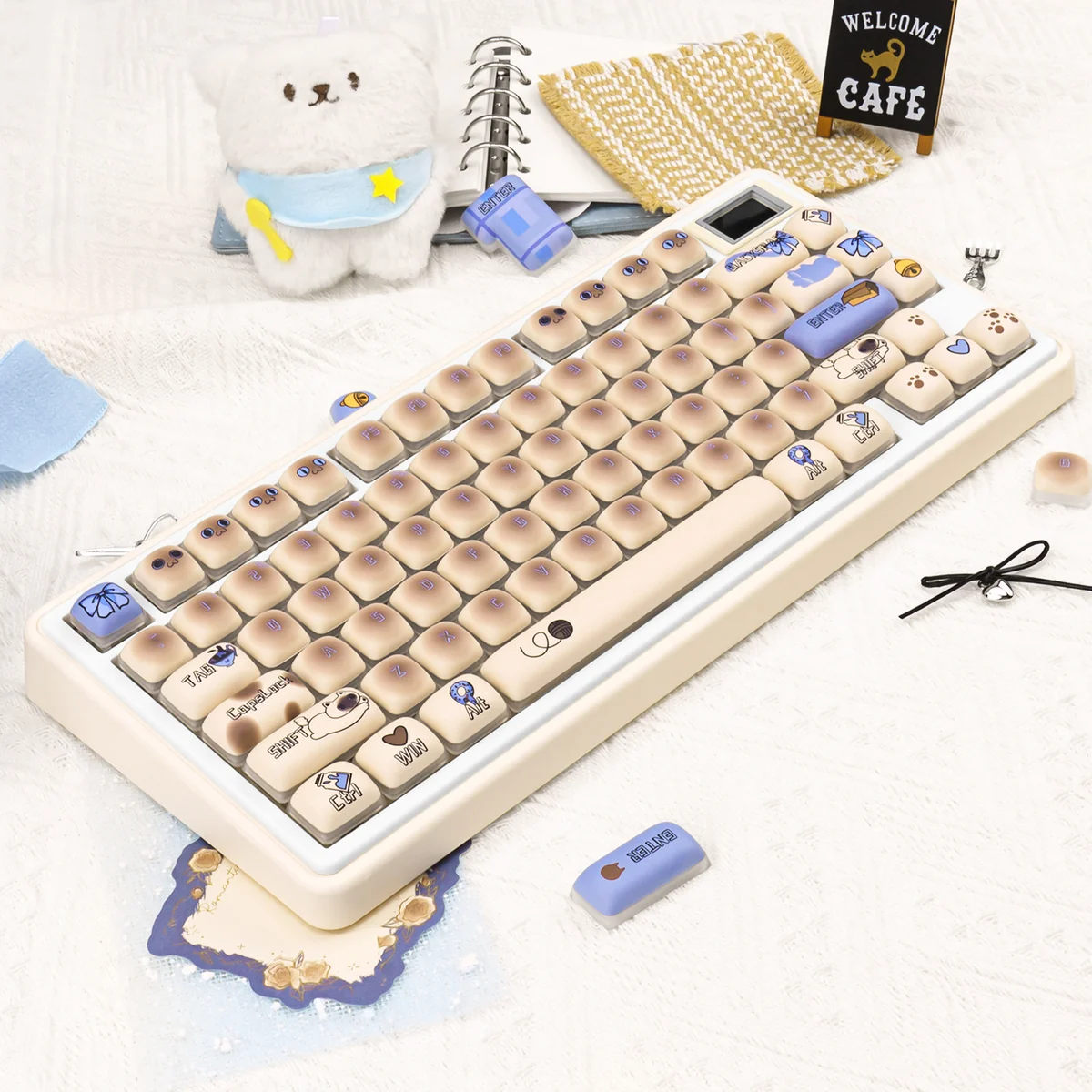 Gas Can Keycap Set keycaps arranged on a dark desk setup