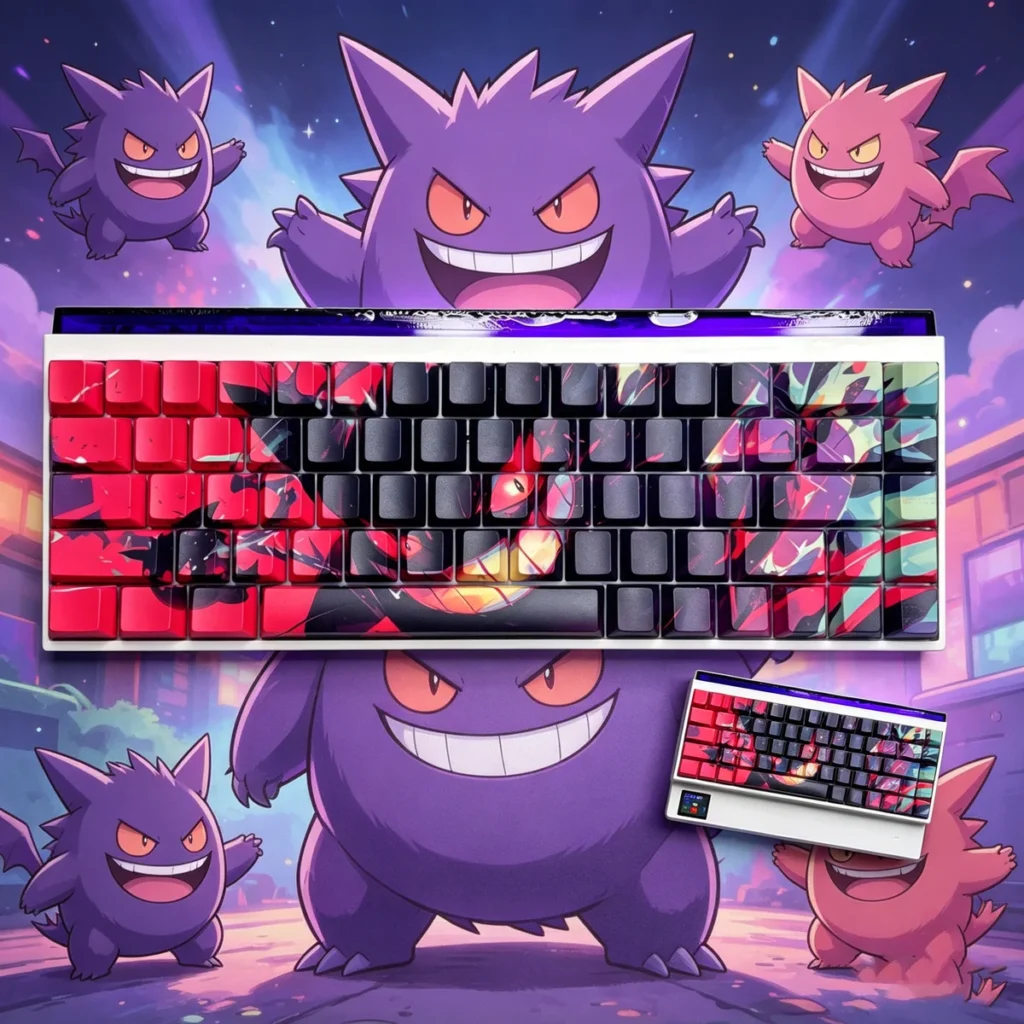 Gengar Crimson PBT Keycap Set with side-lit legends on mechanical keyboard