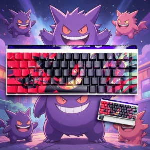 Gengar Crimson PBT Keycap Set with side-lit legends on mechanical keyboard