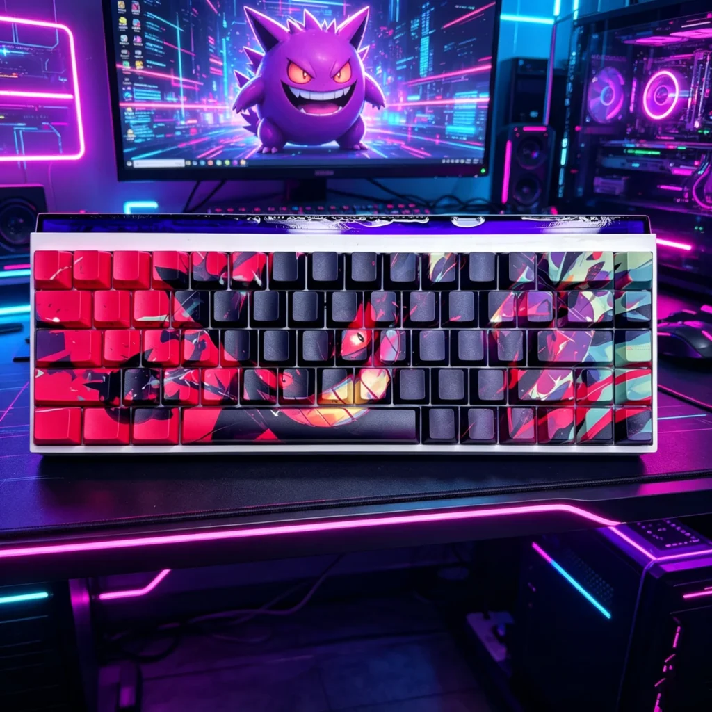 Gengar Keycap Set glowing with RGB backlighting in a dark setting