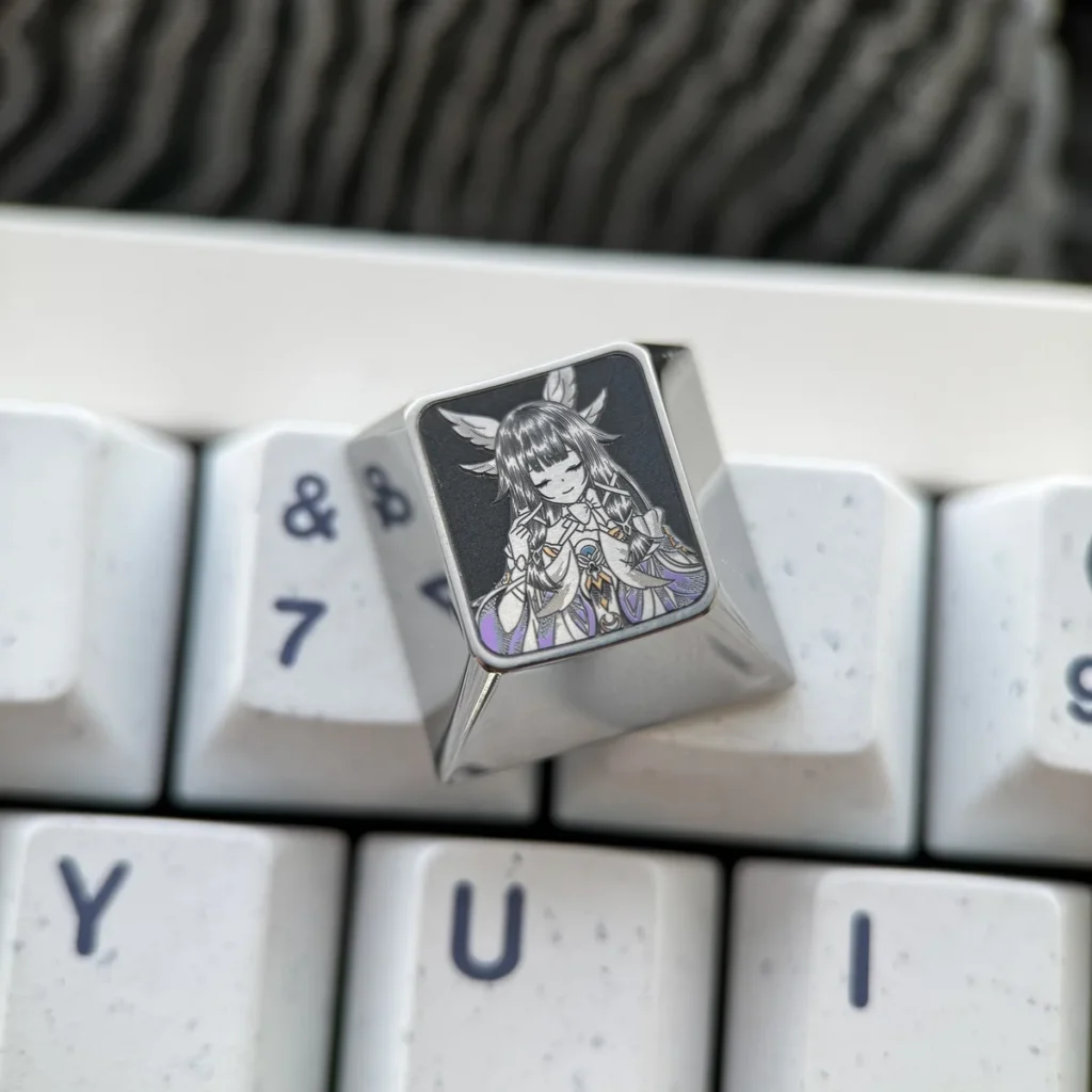 Genshin Impact arrow keycaps set installed on a mechanical keyboard