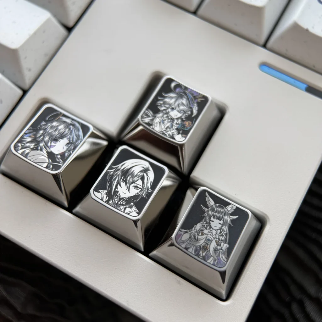 Genshin Impact titanium arrow keycaps set featuring Furina, Arlecchino, Citralli, Columbina