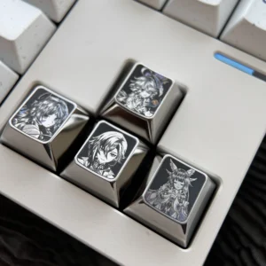 Genshin Impact titanium arrow keycaps set featuring Furina, Arlecchino, Citralli, Columbina