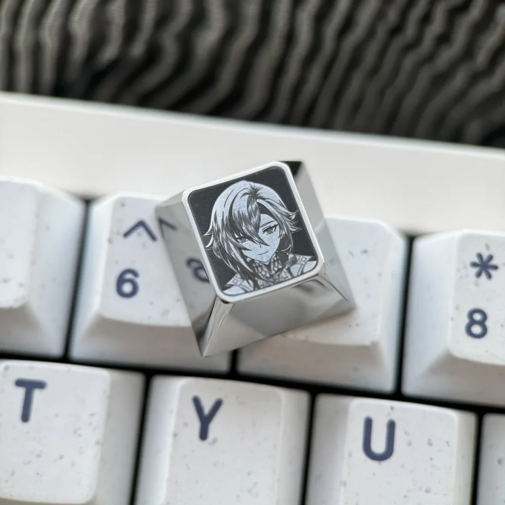 Side view of Genshin Impact titanium keycaps showing Cherry profile
