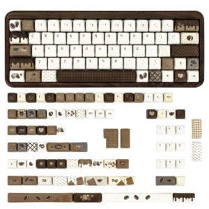 Crispy Dark Chocolate PBT keycaps in a studio setting