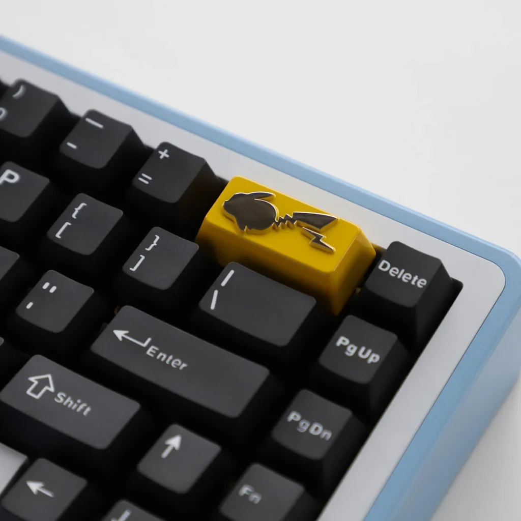 Close-up of handcrafted Pikachu keycap detailing