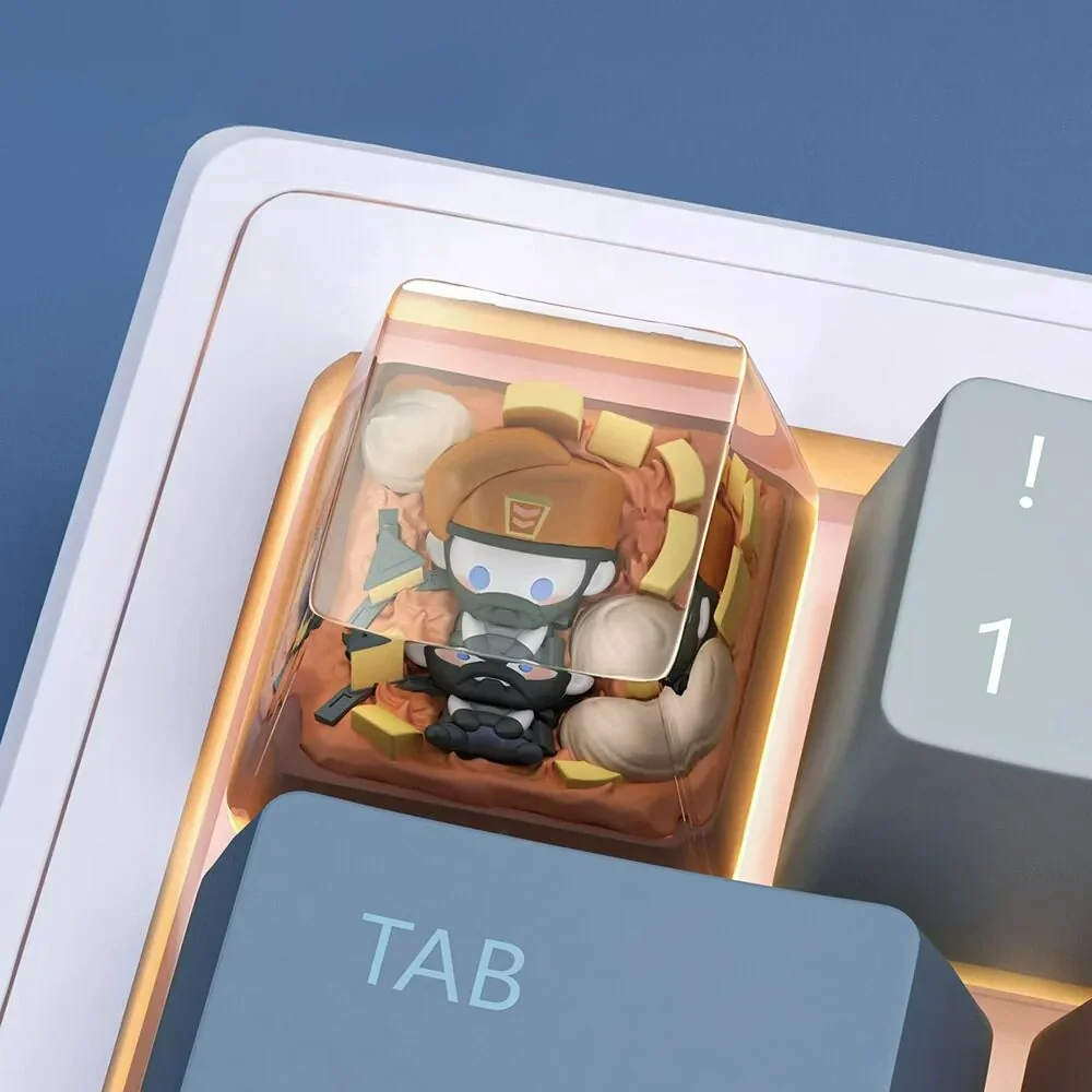 Side view of handcrafted Valorant Brimstone keycap showing smooth resin finish and profile