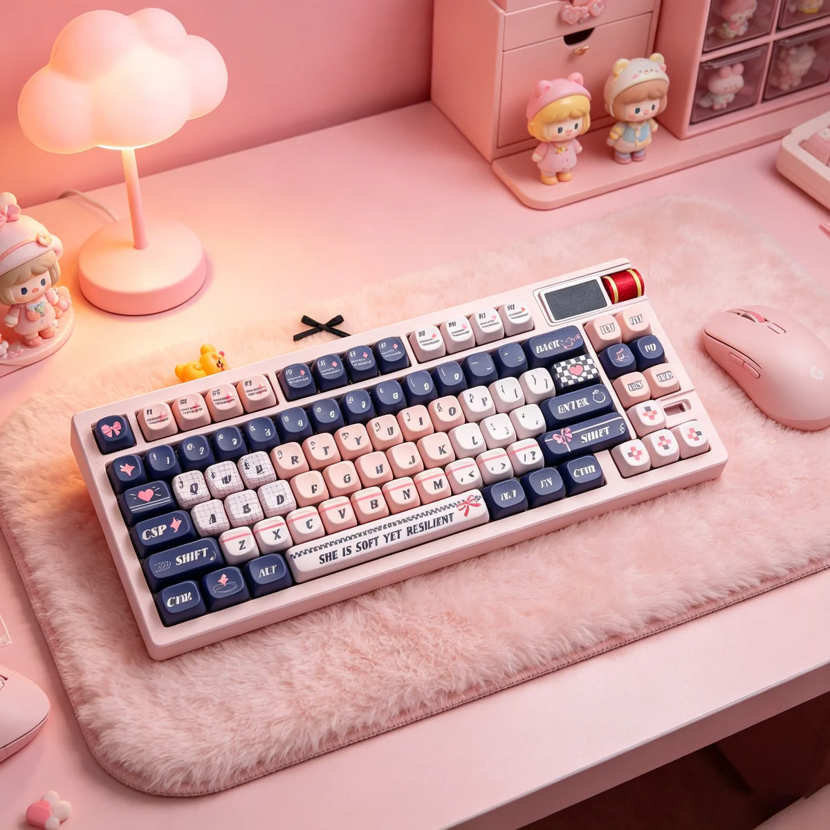 Detailed view of the PBT material texture and fade-resistant legends of the Blues Pink Voice set.