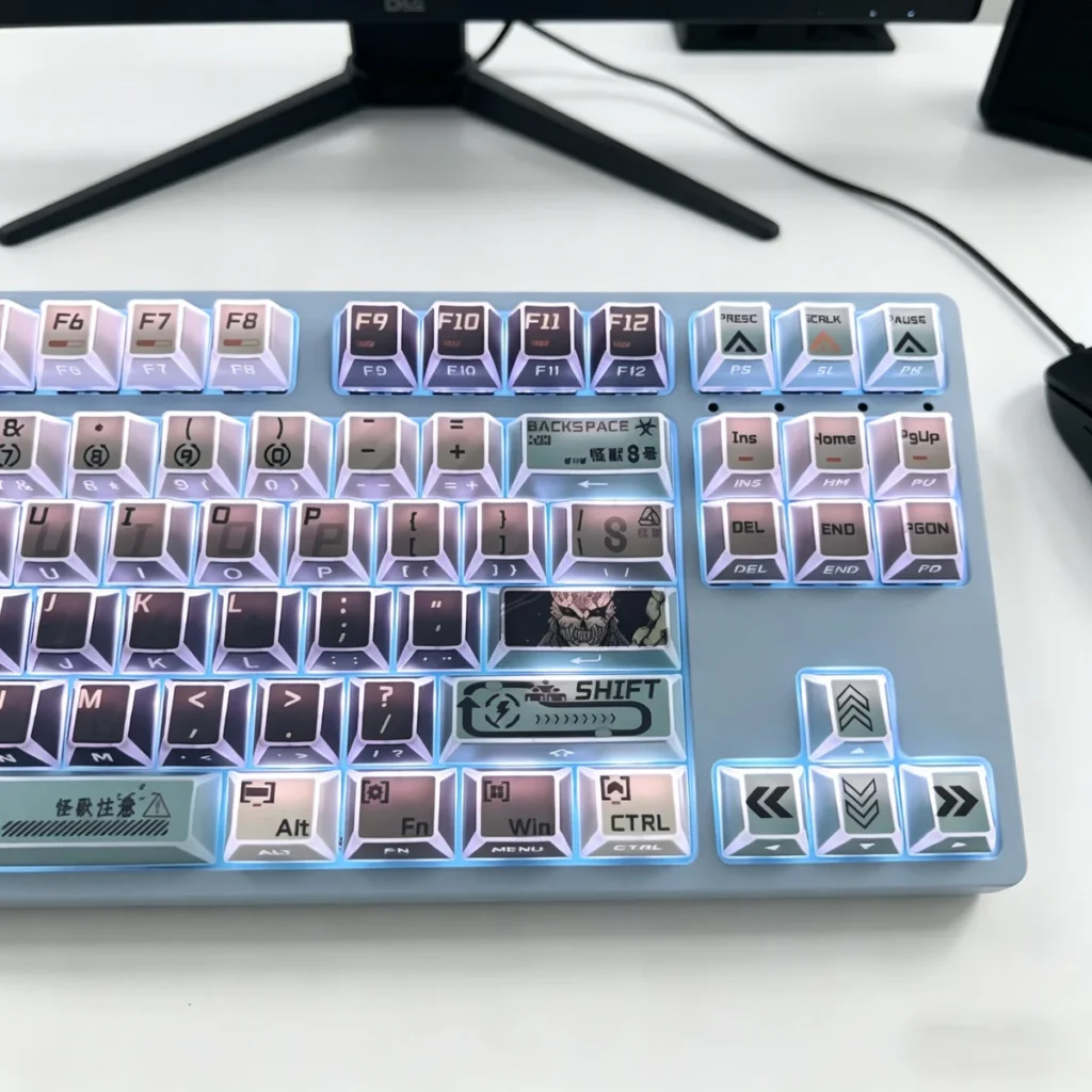 Overhead view of the 130-key Kaiju No. 8 PBT keycap set layout