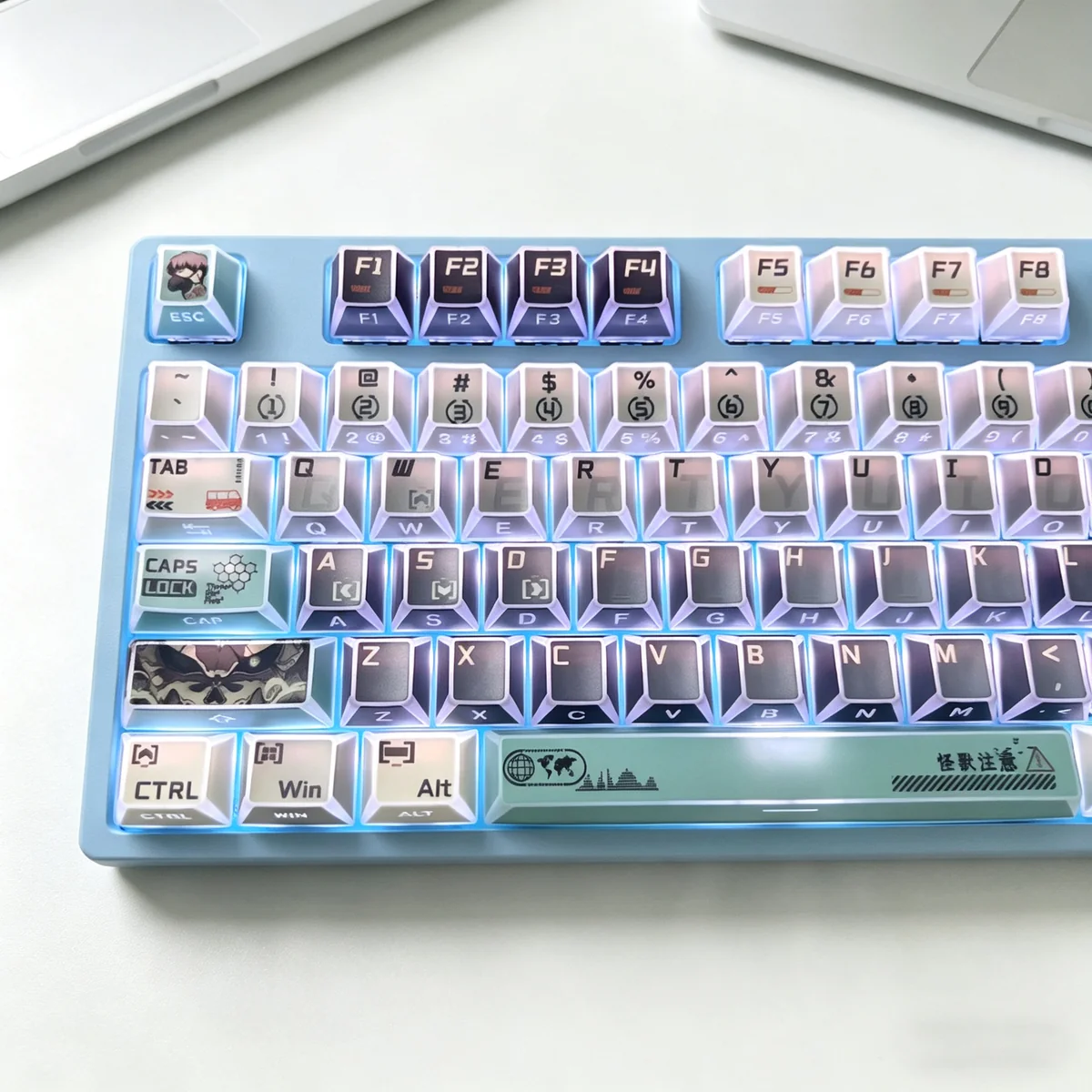 Close-up of Kaiju No. 8 keycaps showcasing faceted design and translucent features