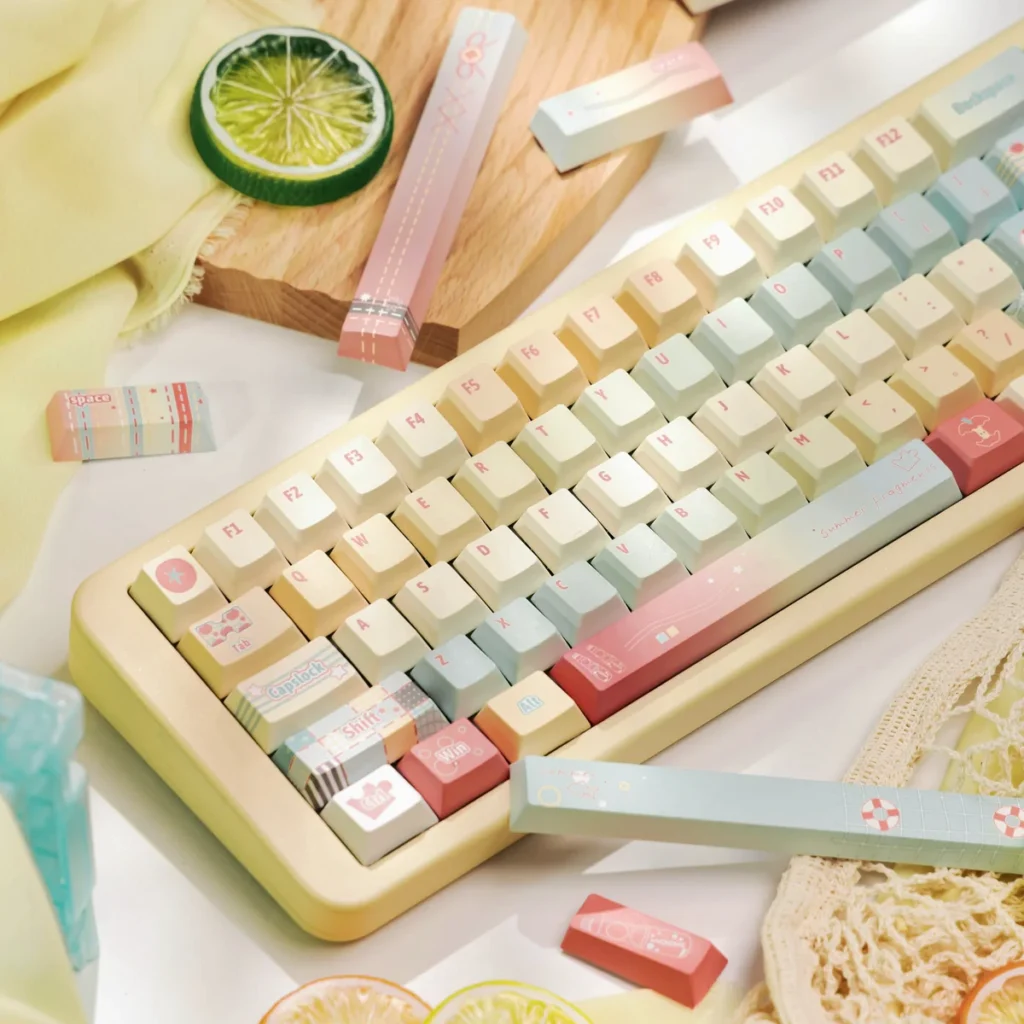 Full keyboard with Ramune themed keycaps and light blue accents