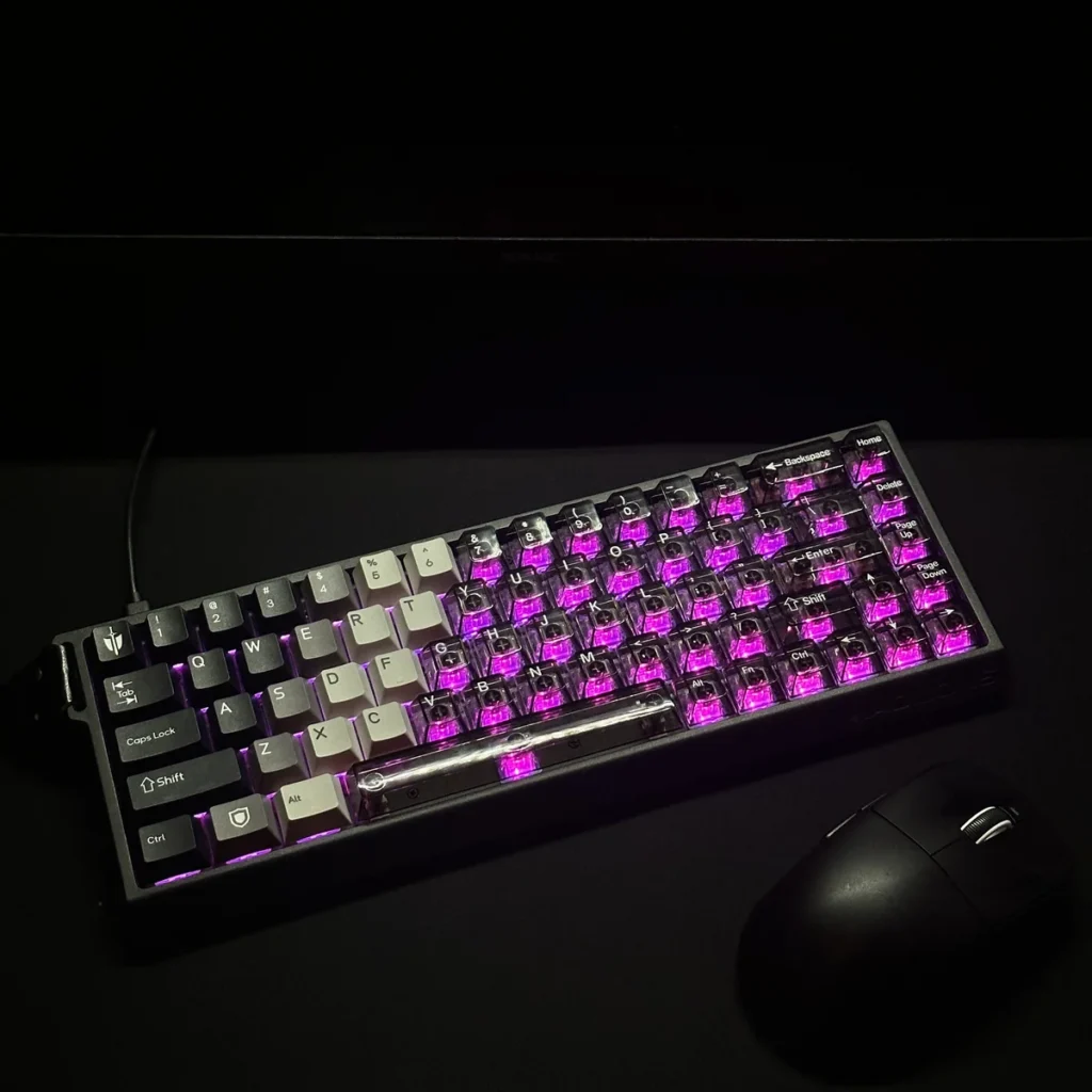 Knight keycaps installed on a keyboard with vibrant RGB backlighting