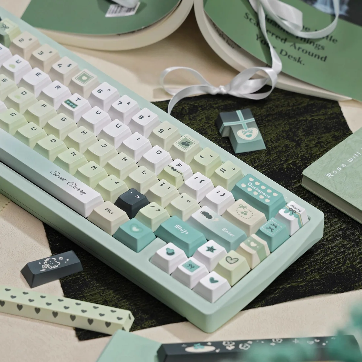 Overhead view of the full 144-key Literary Quest PBT Keycap Set layout