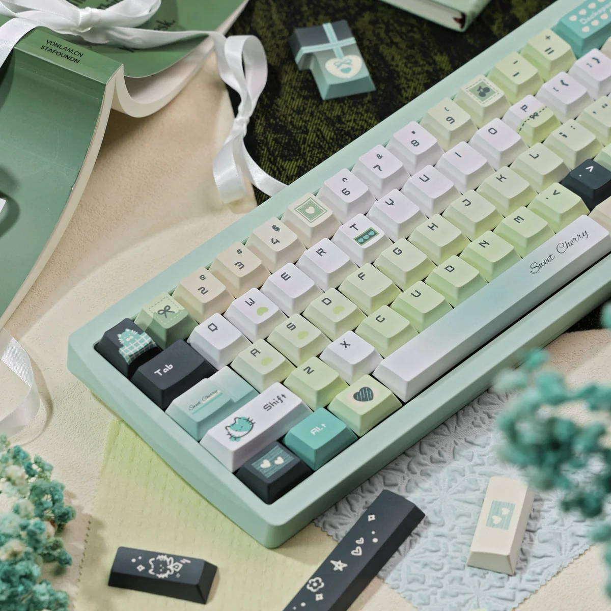 Close-up of dye-sublimated legends on Literary Quest keycaps, highlighting detail