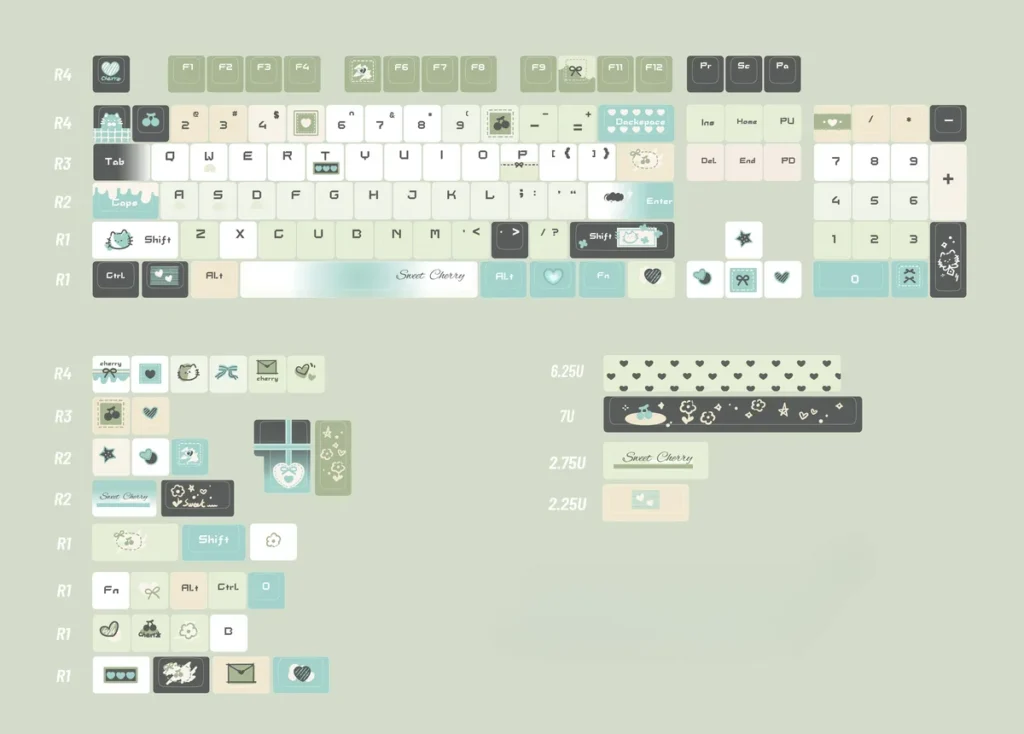 Various keycap sizes and shapes from the Literary Quest set, for layout compatibility