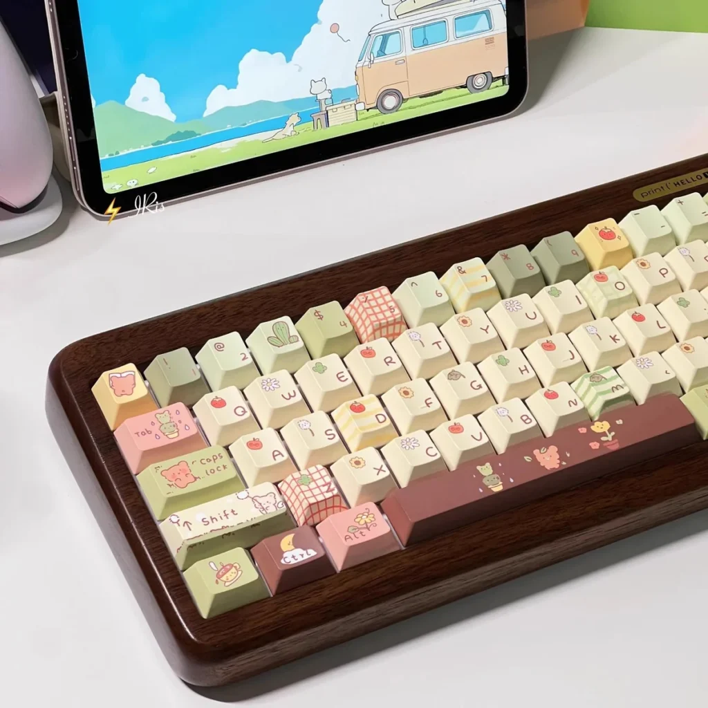 Close-up of Little Bear Forest keycaps showing whimsical bear motif