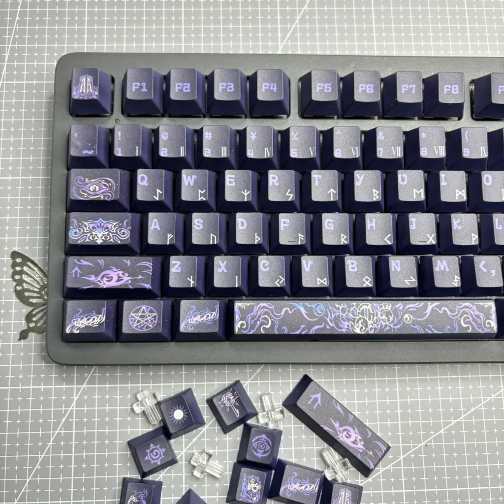 Close-up of Lovecraftian eldritch symbols on keycaps