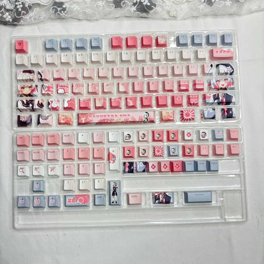 Magical Girl Witch Trials themed keycaps, including novelty keys, on a custom keyboard setup.