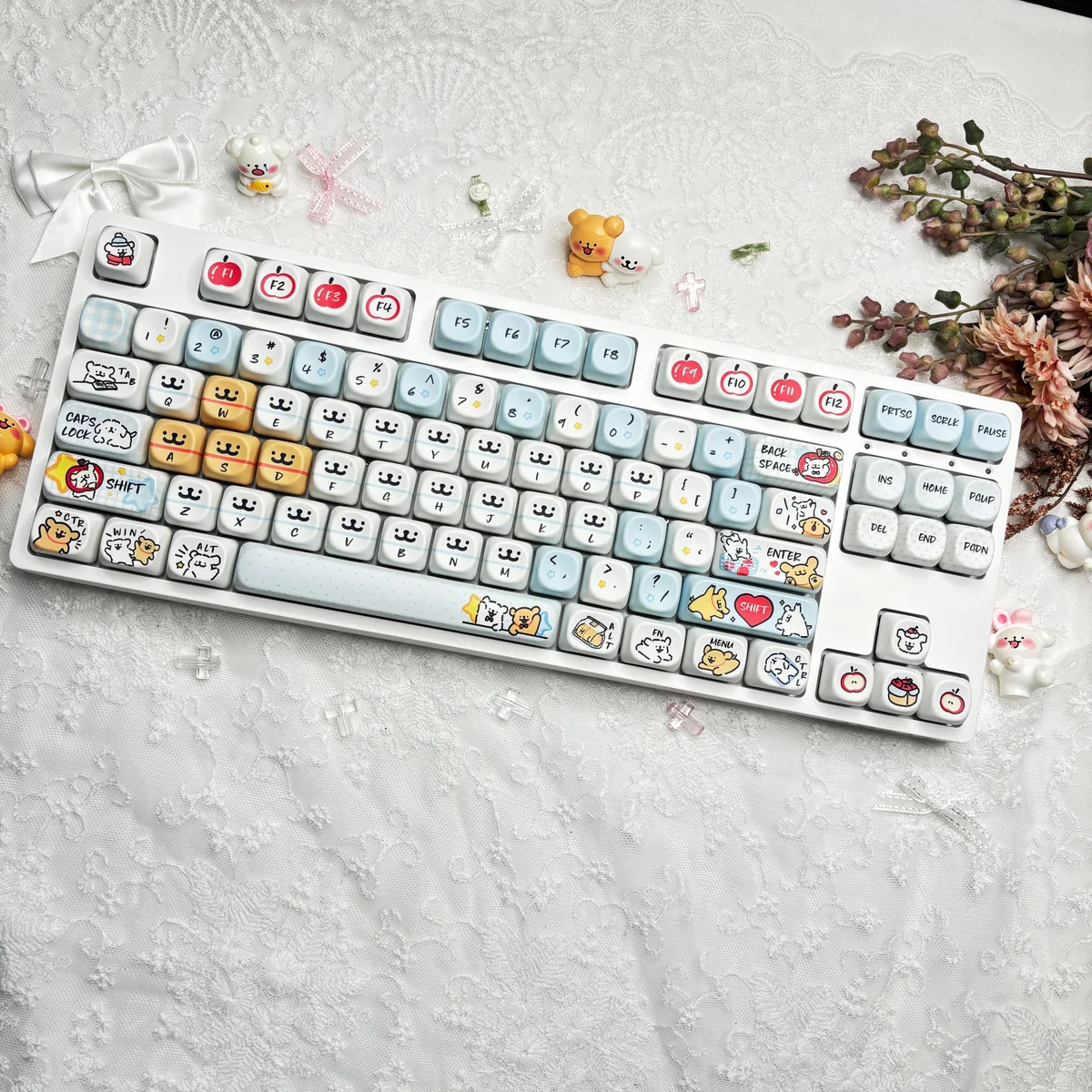 Maltese Dog Apple Keycap Set installed on a white keyboard setup