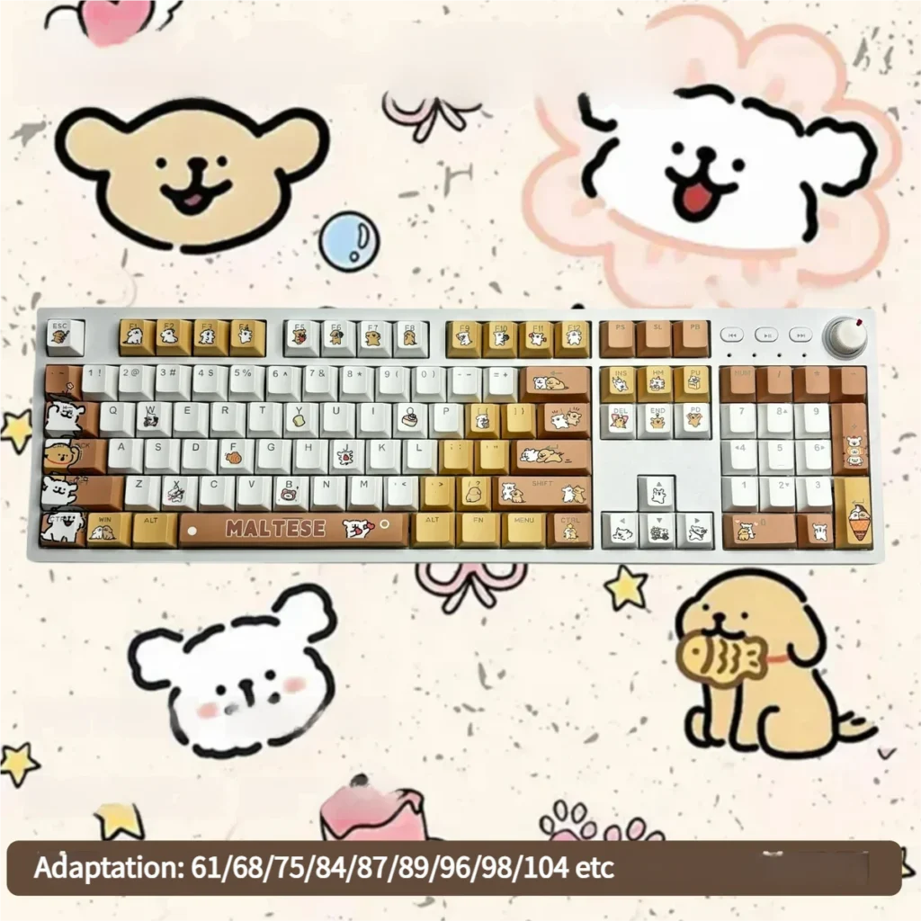Adorable Maltese Dog PBT Keycap Set on mechanical keyboard, spa theme