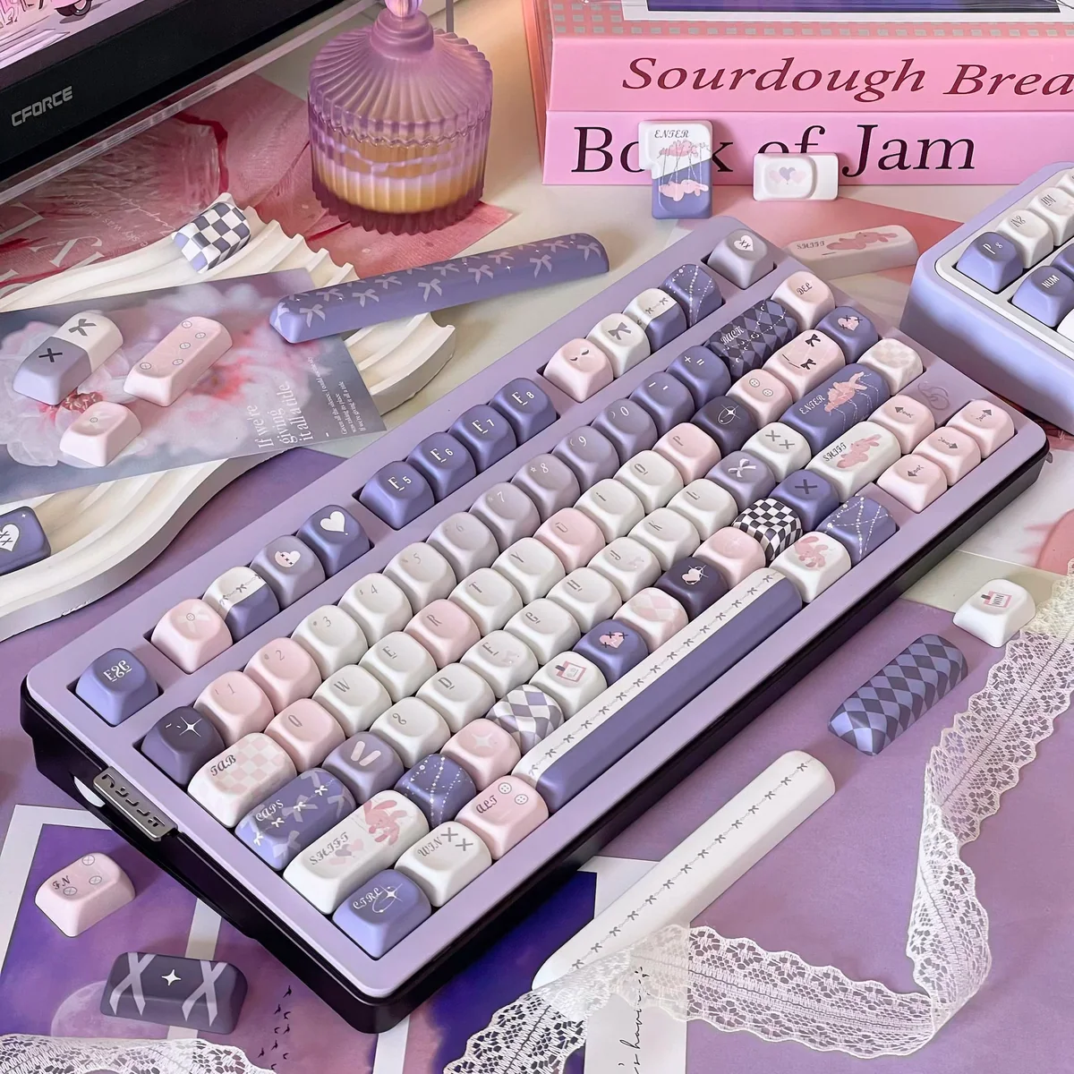 Texture shot of PBT keycaps from the Marionette Puppet set, emphasizing durability and finish