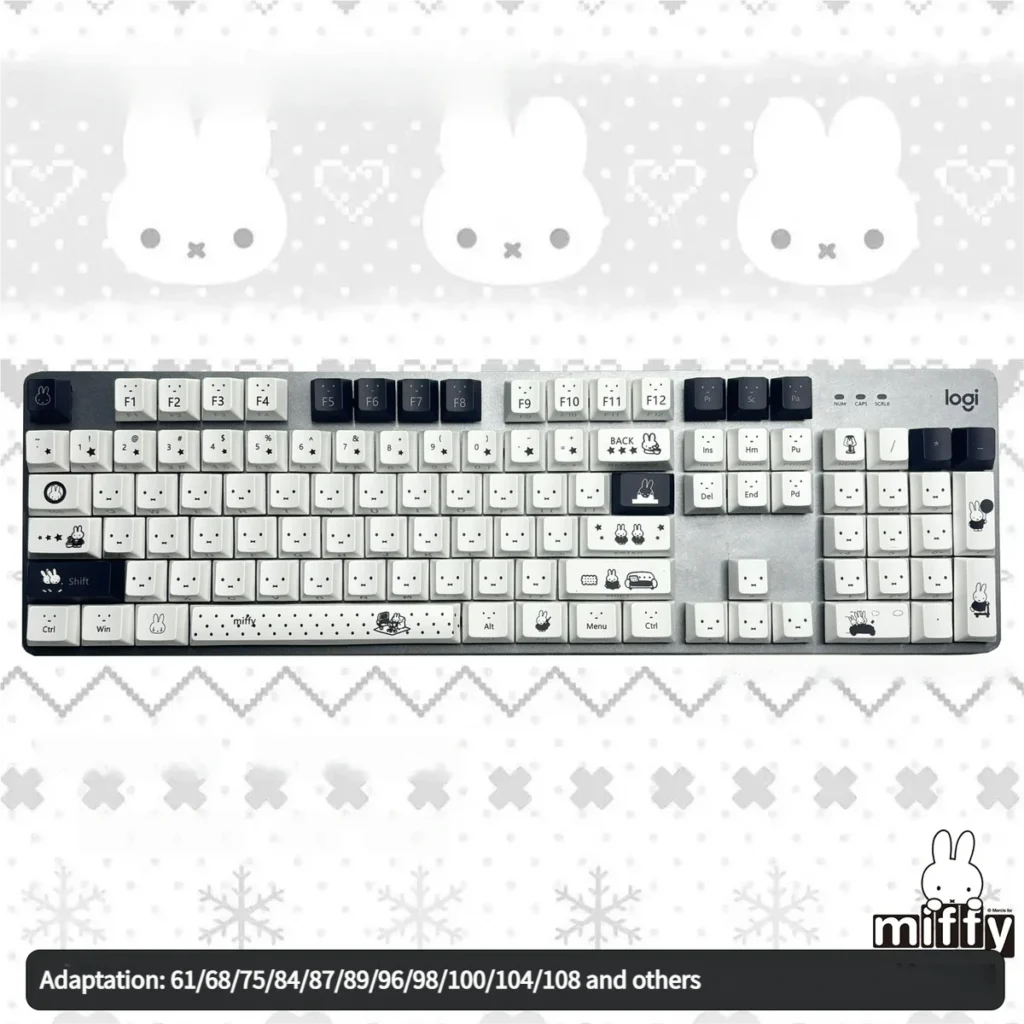 Miffy keycap set showcasing compatibility with various keyboard sizes and layouts