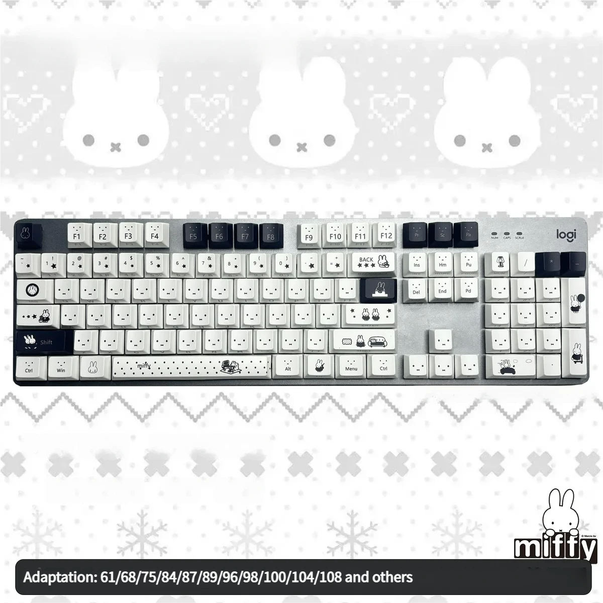Miffy keycap set showcasing compatibility with various keyboard sizes and layouts